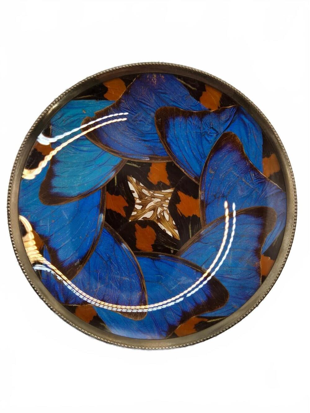 Casa Estylo Santos Vtg MCM Real Blue Morpho Butterfly Wing Art Plate 4.75”